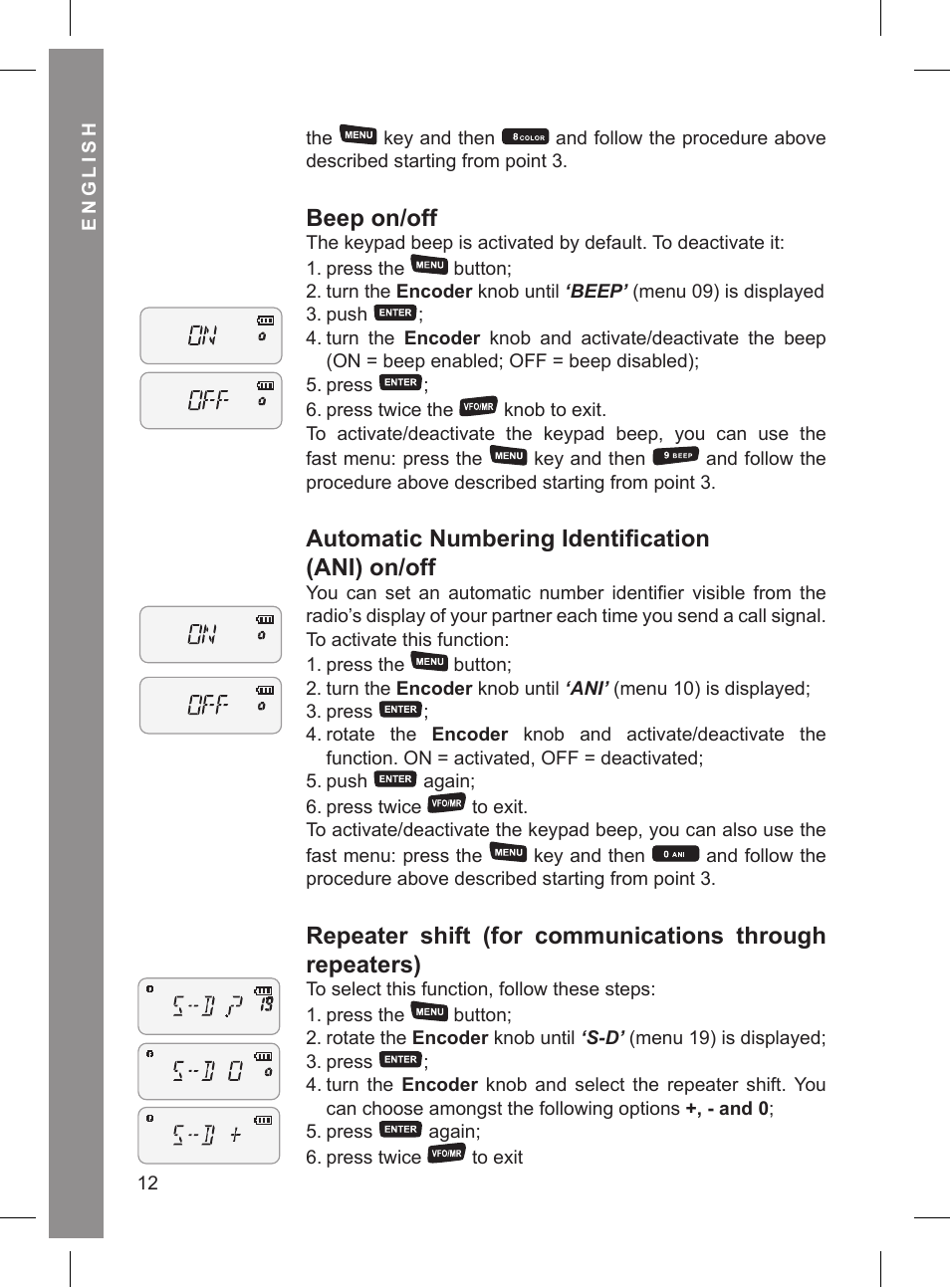 Beep on/off, Automatic numbering identification (ani) on/off | MIDLAND CT 210_410 User Manual | Page 12 / 20