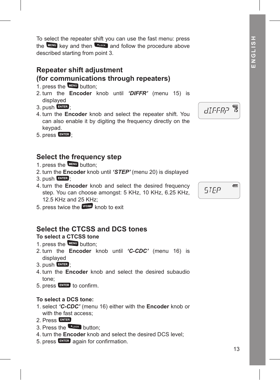 Select the frequency step, Select the ctcss and dcs tones | MIDLAND CT 210_410 User Manual | Page 13 / 20