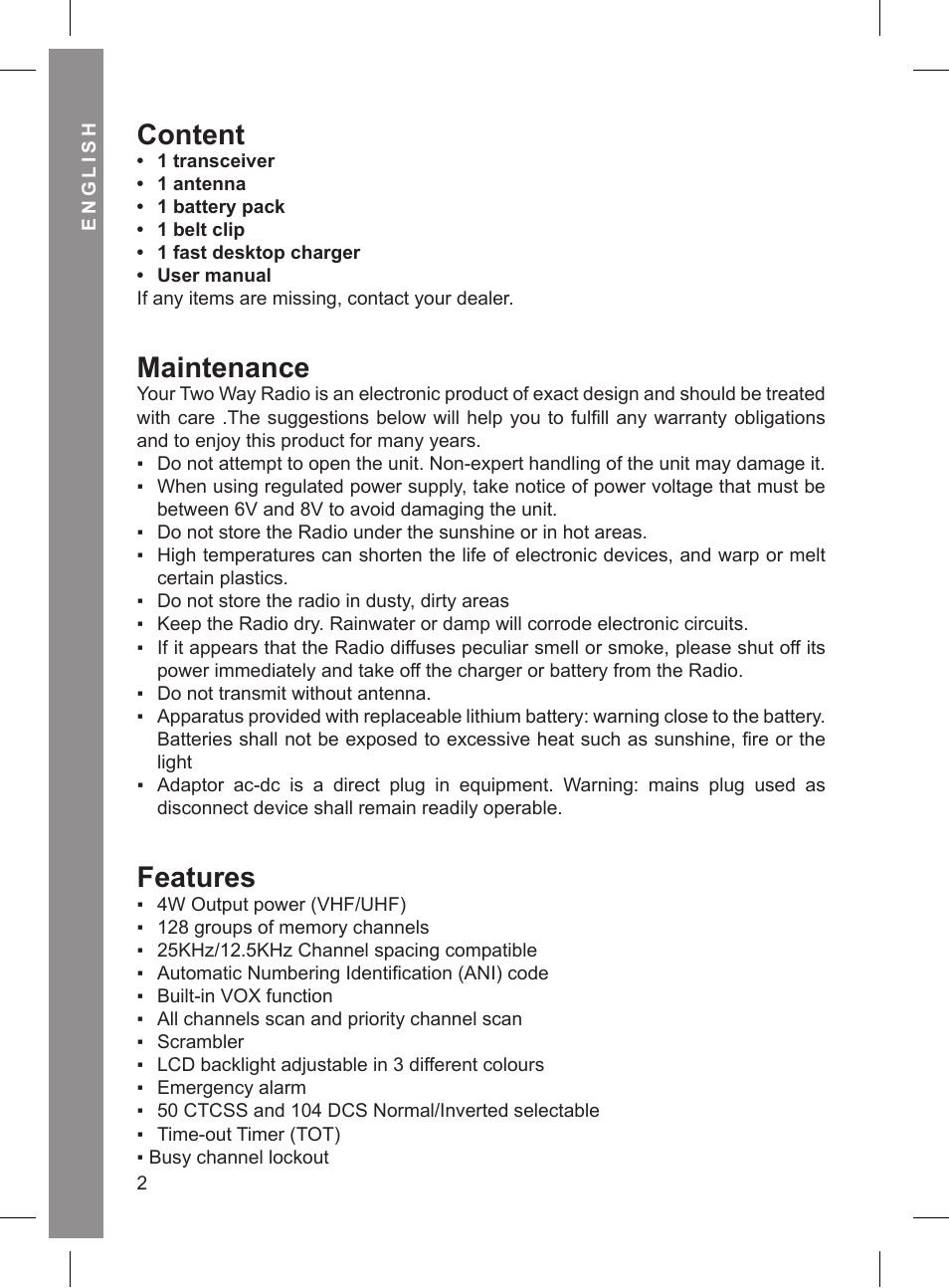 Content, Maintenance, Features | MIDLAND CT 210_410 User Manual | Page 2 / 20