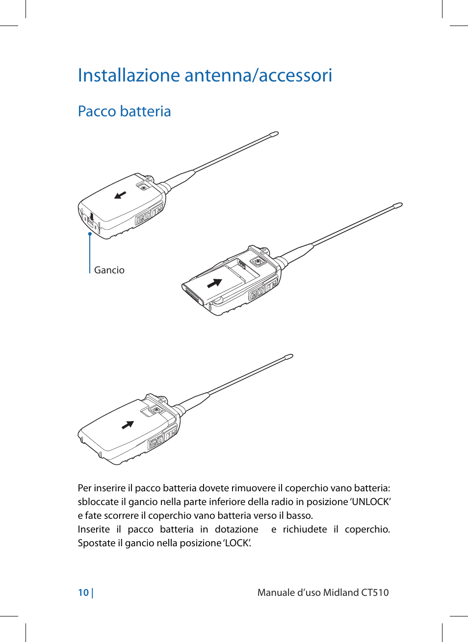 Installazione antenna/accessori, Pacco batteria | MIDLAND CT510 User Manual | Page 10 / 142