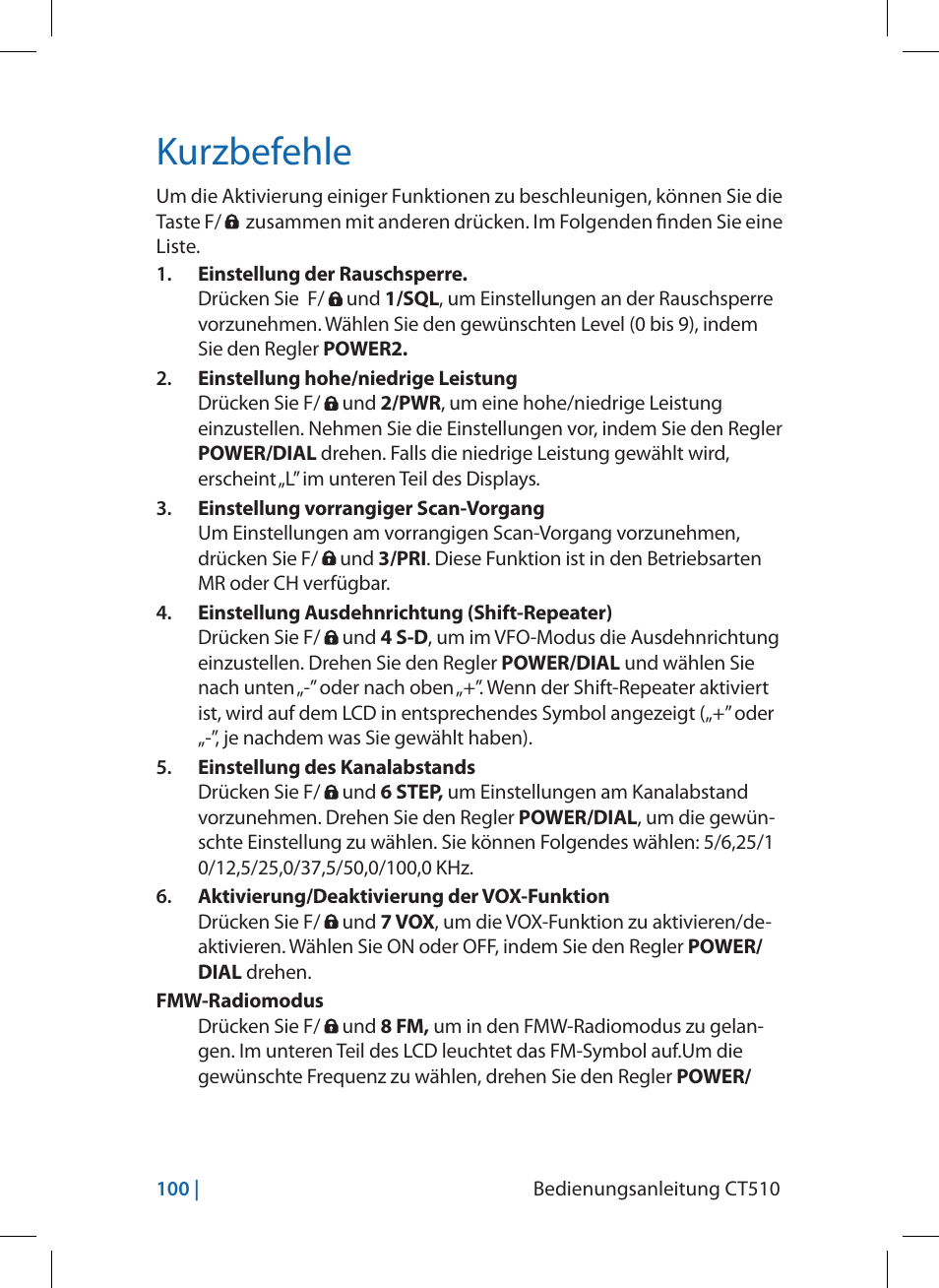 Kurzbefehle | MIDLAND CT510 User Manual | Page 100 / 142