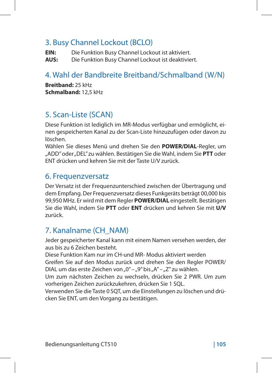 Busy channel lockout (bclo), Wahl der bandbreite breitband/schmalband (w/n), Scan-liste (scan) | Frequenzversatz, Kanalname (ch_nam) | MIDLAND CT510 User Manual | Page 105 / 142