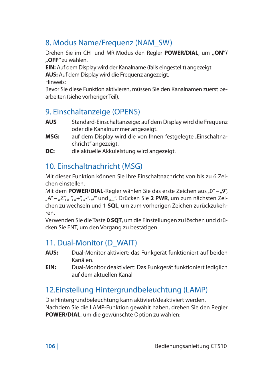 Modus name/frequenz (nam_sw), Einschaltanzeige (opens), Einschaltnachricht (msg) | Dual-monitor (d_wait), Einstellung hintergrundbeleuchtung (lamp) | MIDLAND CT510 User Manual | Page 106 / 142