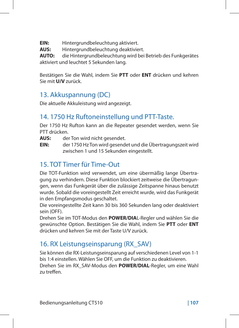 Akkuspannung (dc), 1750 hz ruftoneinstellung und ptt-taste, Tot timer für time-out | Rx leistungseinsparung (rx_sav) | MIDLAND CT510 User Manual | Page 107 / 142