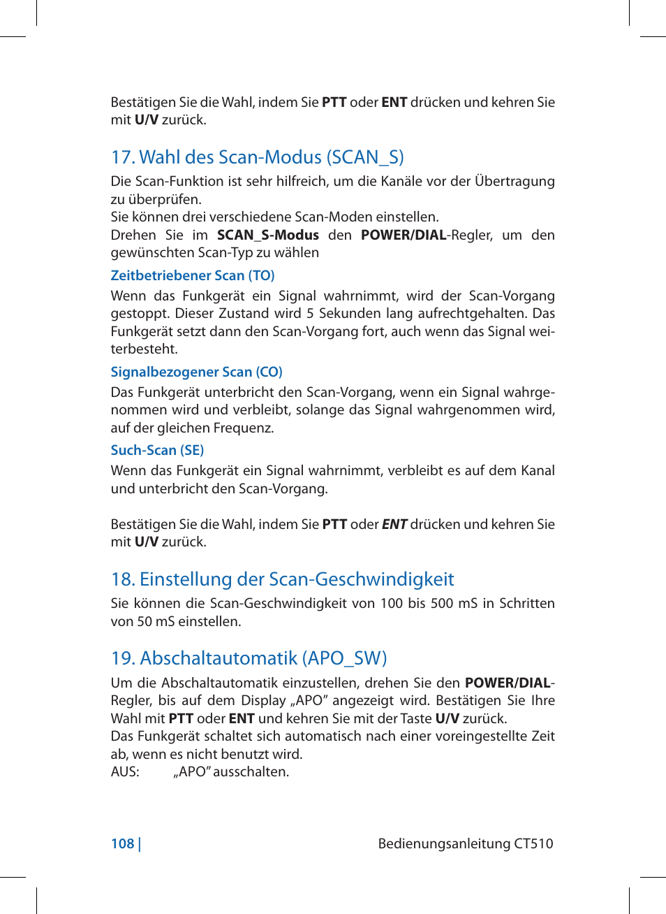 Wahl des scan-modus (scan_s), Einstellung der scan-geschwindigkeit, Abschaltautomatik (apo_sw) | MIDLAND CT510 User Manual | Page 108 / 142