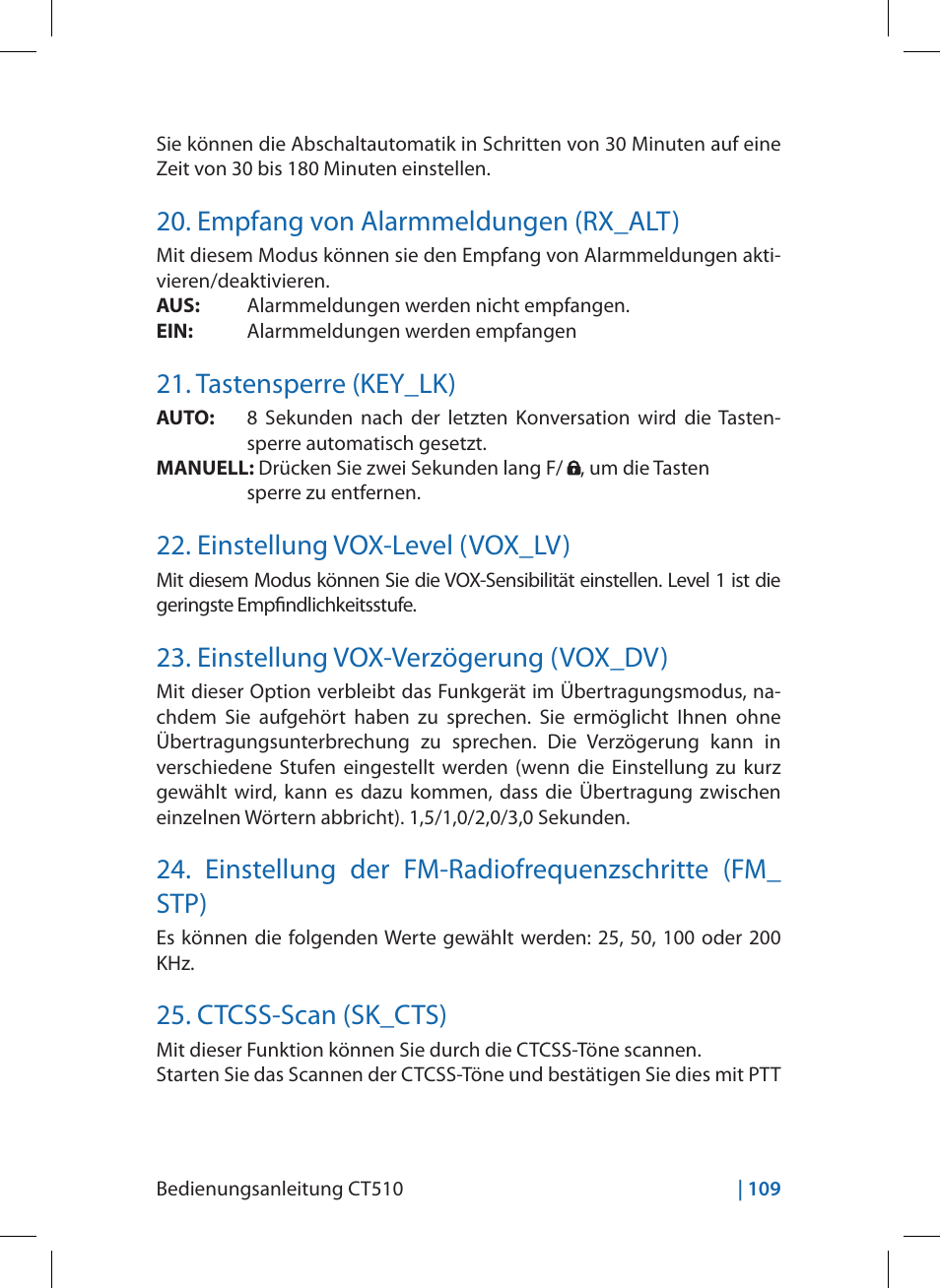 Empfang von alarmmeldungen (rx_alt), Tastensperre (key_lk), Einstellung vox-level (vox_lv) | Einstellung vox-verzögerung (vox_dv), Einstellung der fm-radiofrequenzschritte (fm_ stp), Ctcss-scan (sk_cts) | MIDLAND CT510 User Manual | Page 109 / 142