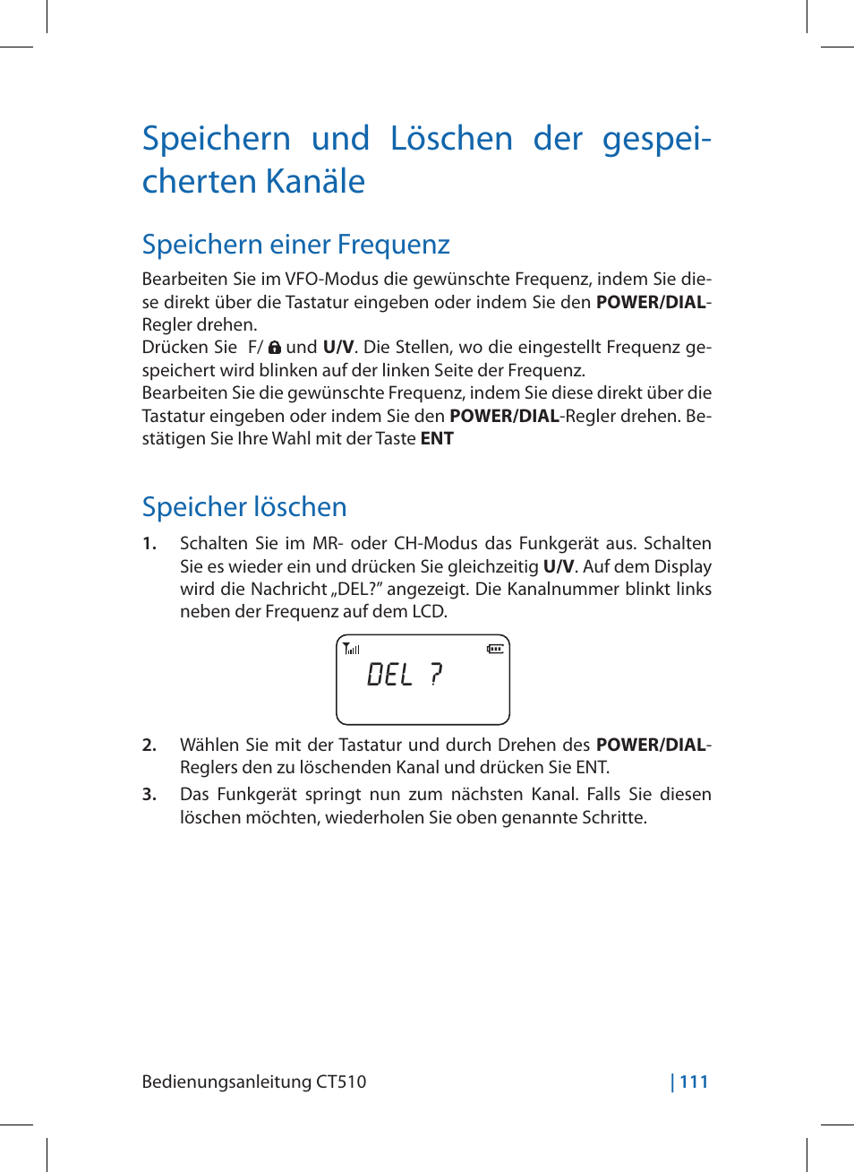Speichern und löschen der gespei- cherten kanäle, Speichern einer frequenz, Speicher löschen | MIDLAND CT510 User Manual | Page 111 / 142