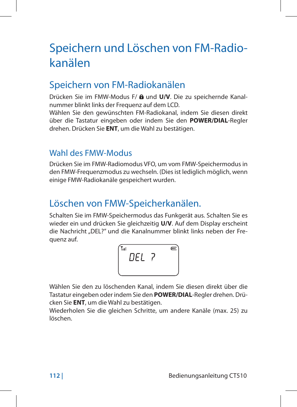 Speichern und löschen von fm-radio- kanälen, Speichern von fm-radiokanälen, Löschen von fmw-speicherkanälen | MIDLAND CT510 User Manual | Page 112 / 142