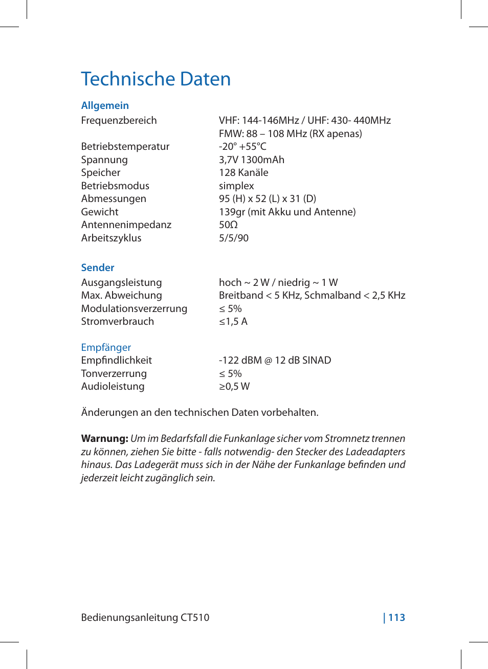 Technische daten | MIDLAND CT510 User Manual | Page 113 / 142