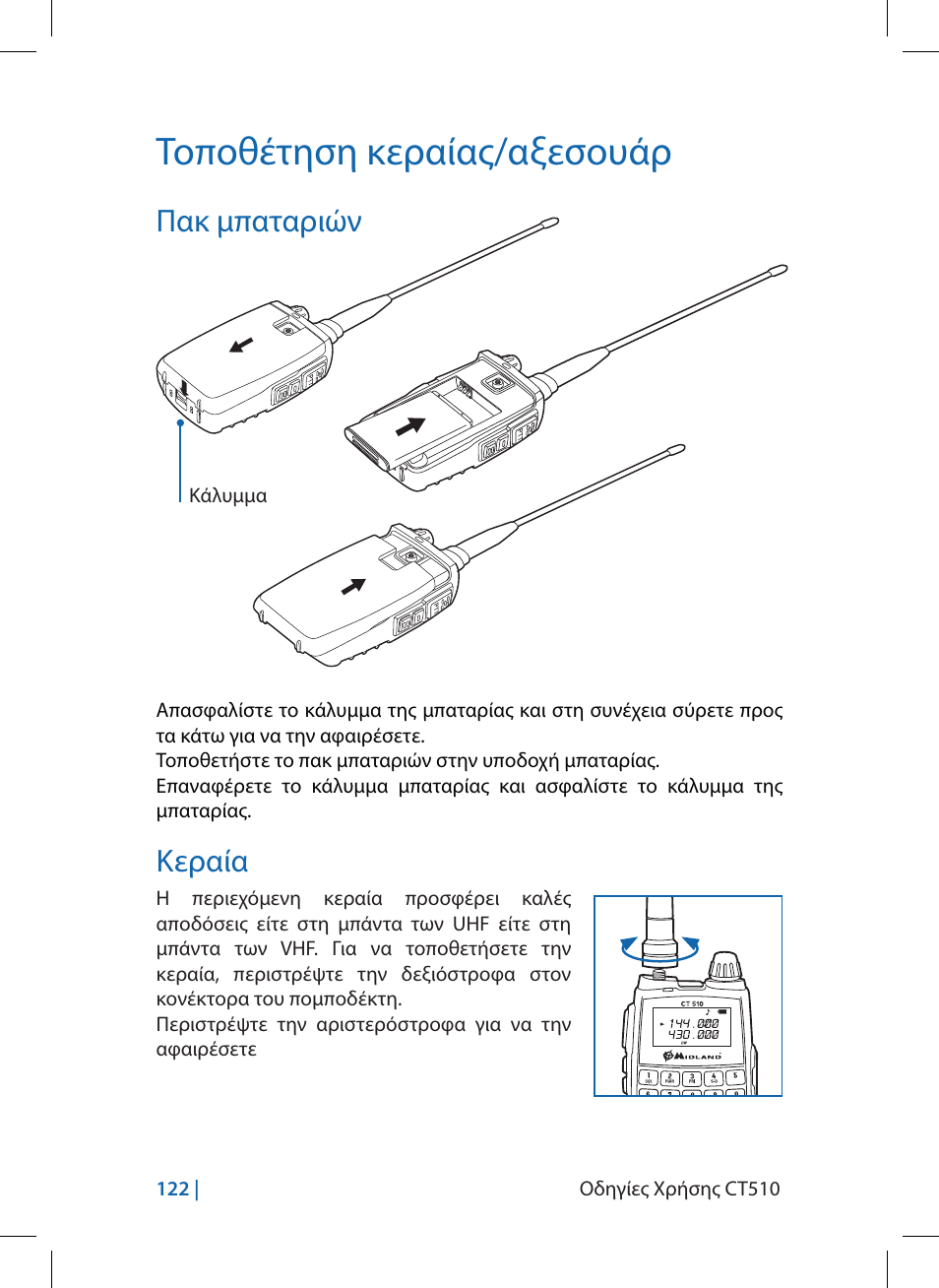 Τοποθέτηση κεραίας/αξεσουάρ | MIDLAND CT510 User Manual | Page 122 / 142