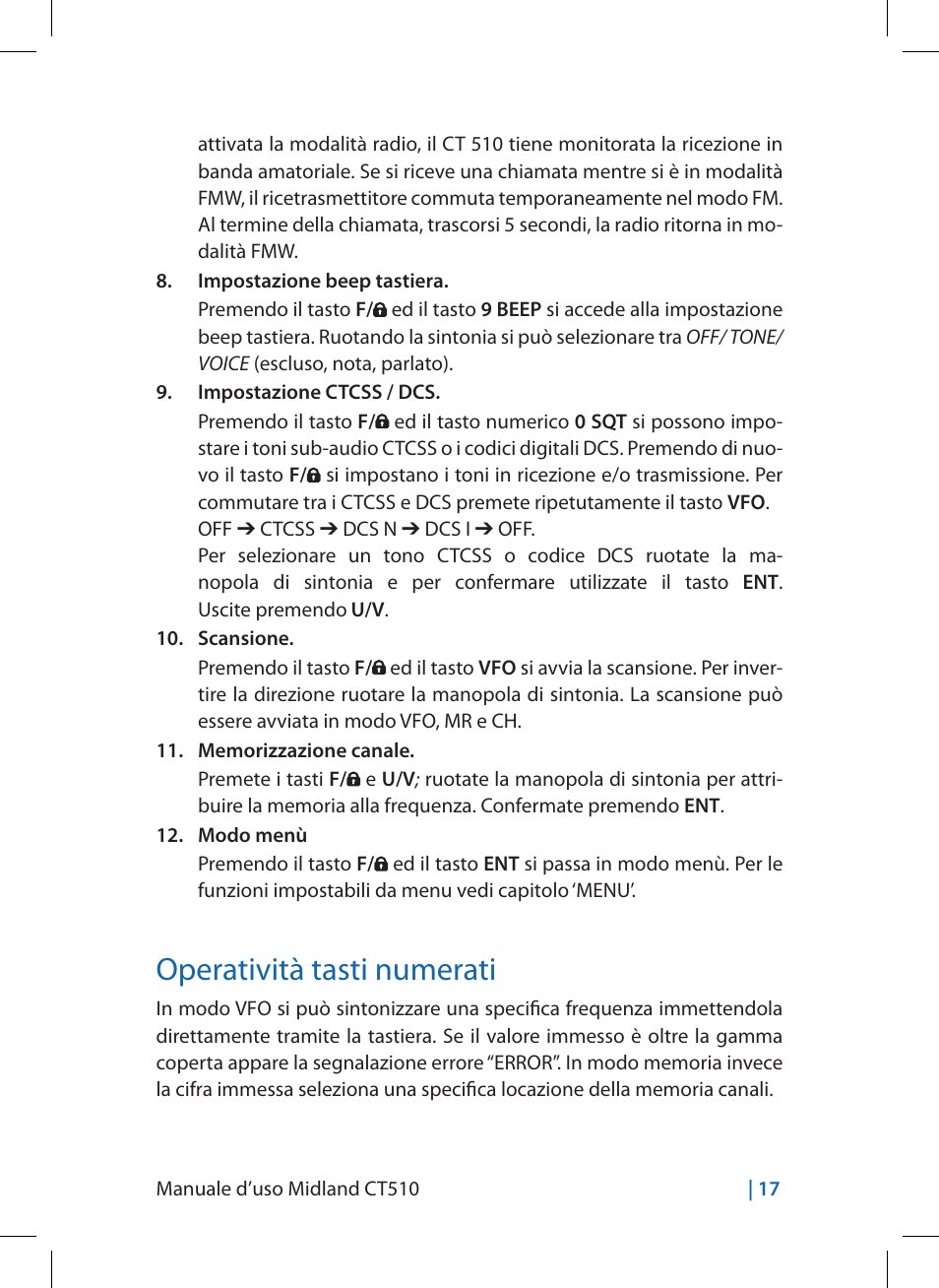 Operatività tasti numerati | MIDLAND CT510 User Manual | Page 17 / 142