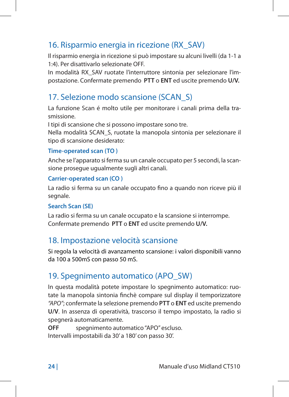 Risparmio energia in ricezione (rx_sav), Selezione modo scansione (scan_s), Impostazione velocità scansione | Spegnimento automatico (apo_sw) | MIDLAND CT510 User Manual | Page 24 / 142