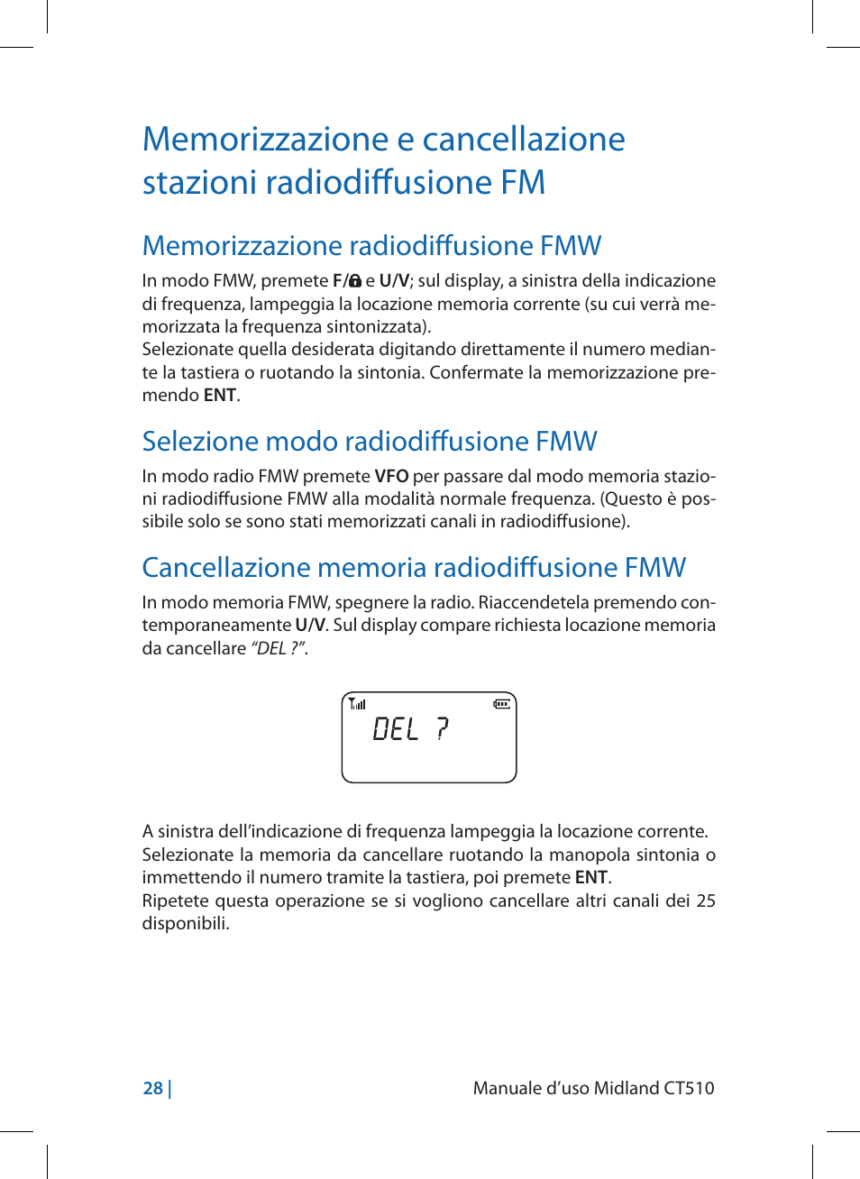 Selezione modo radiodiffusione fmw | MIDLAND CT510 User Manual | Page 28 / 142