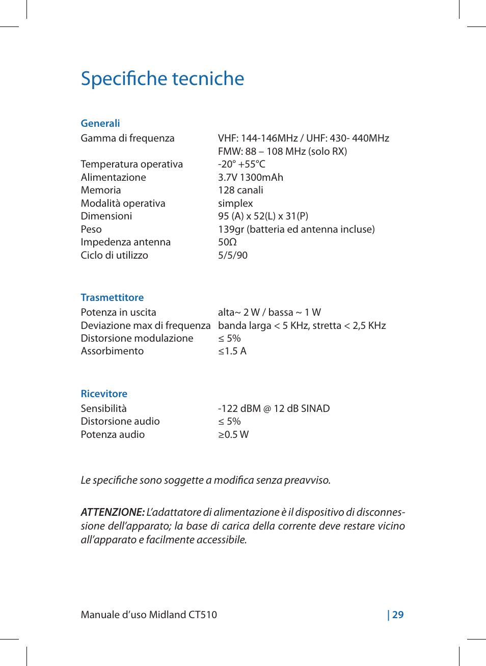 Specifiche tecniche | MIDLAND CT510 User Manual | Page 29 / 142