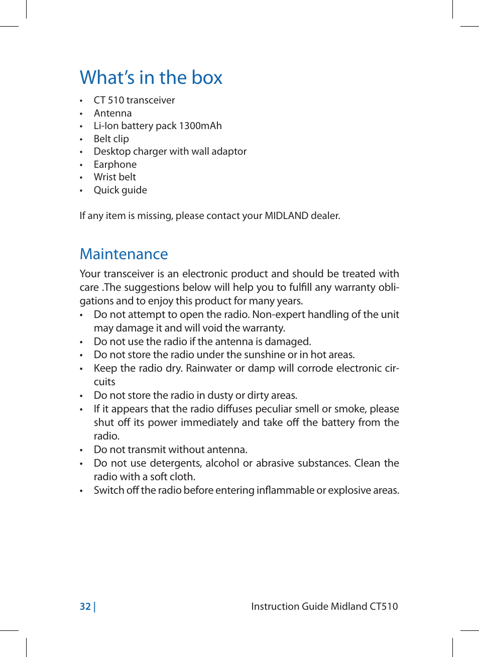 What’s in the box, Maintenance | MIDLAND CT510 User Manual | Page 32 / 142