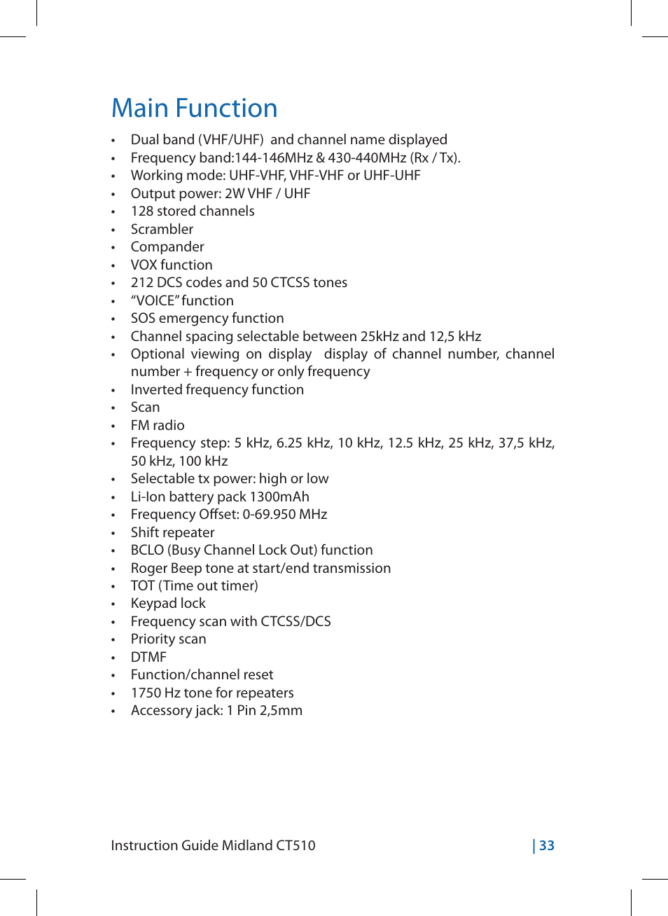 Main function | MIDLAND CT510 User Manual | Page 33 / 142