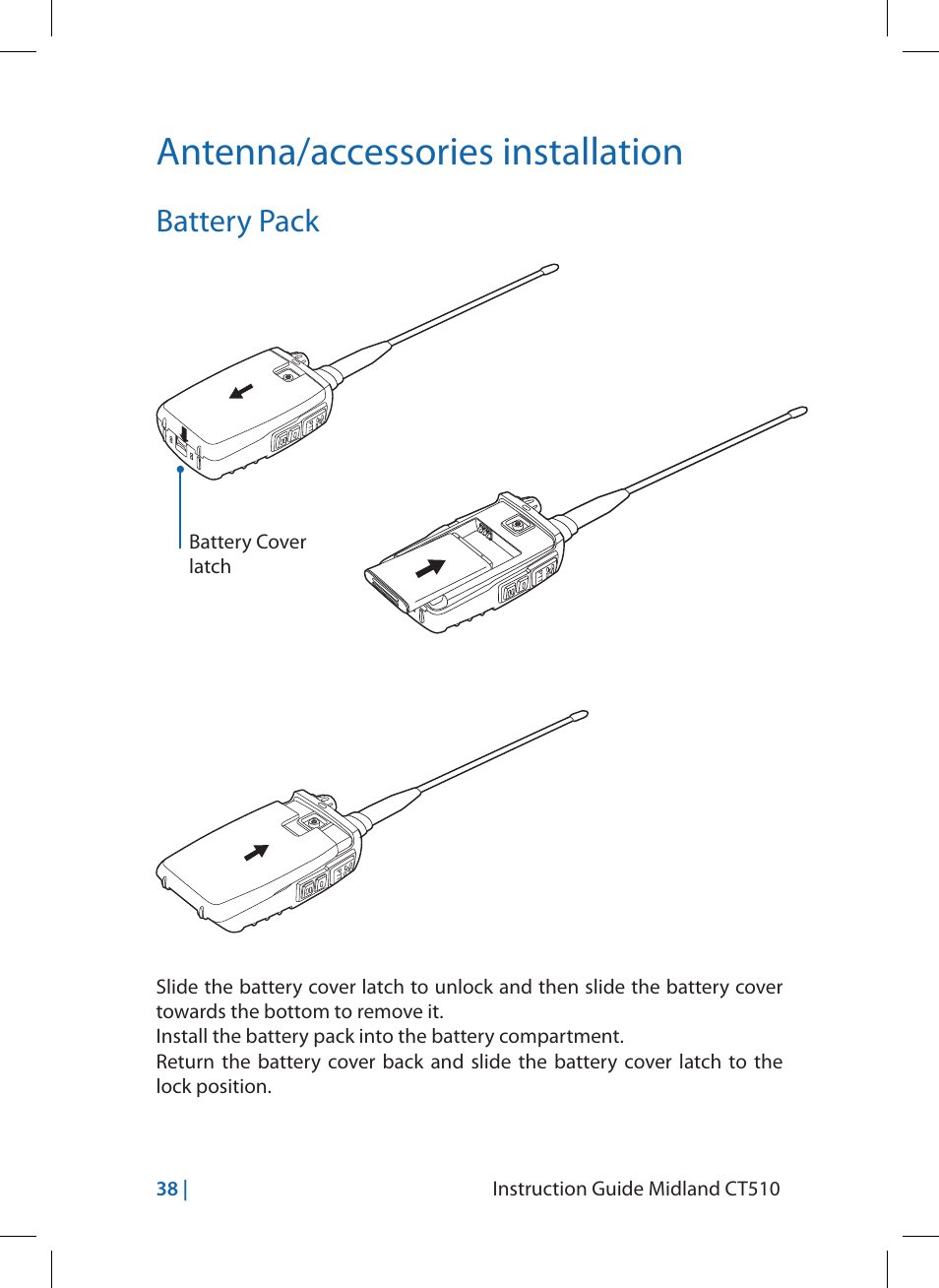 Antenna/accessories installation, Battery pack | MIDLAND CT510 User Manual | Page 38 / 142