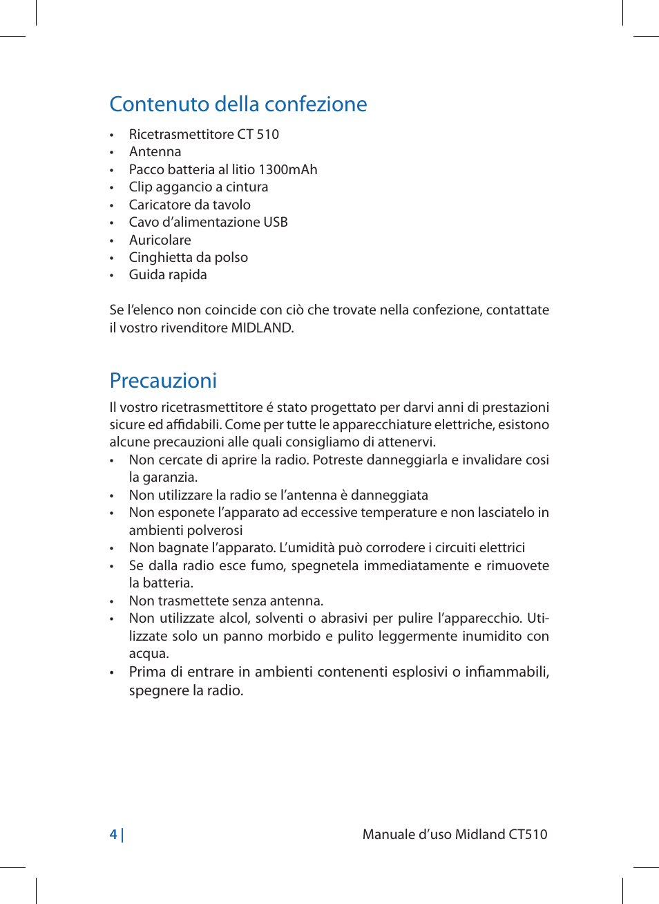 Contenuto della confezione, Precauzioni | MIDLAND CT510 User Manual | Page 4 / 142