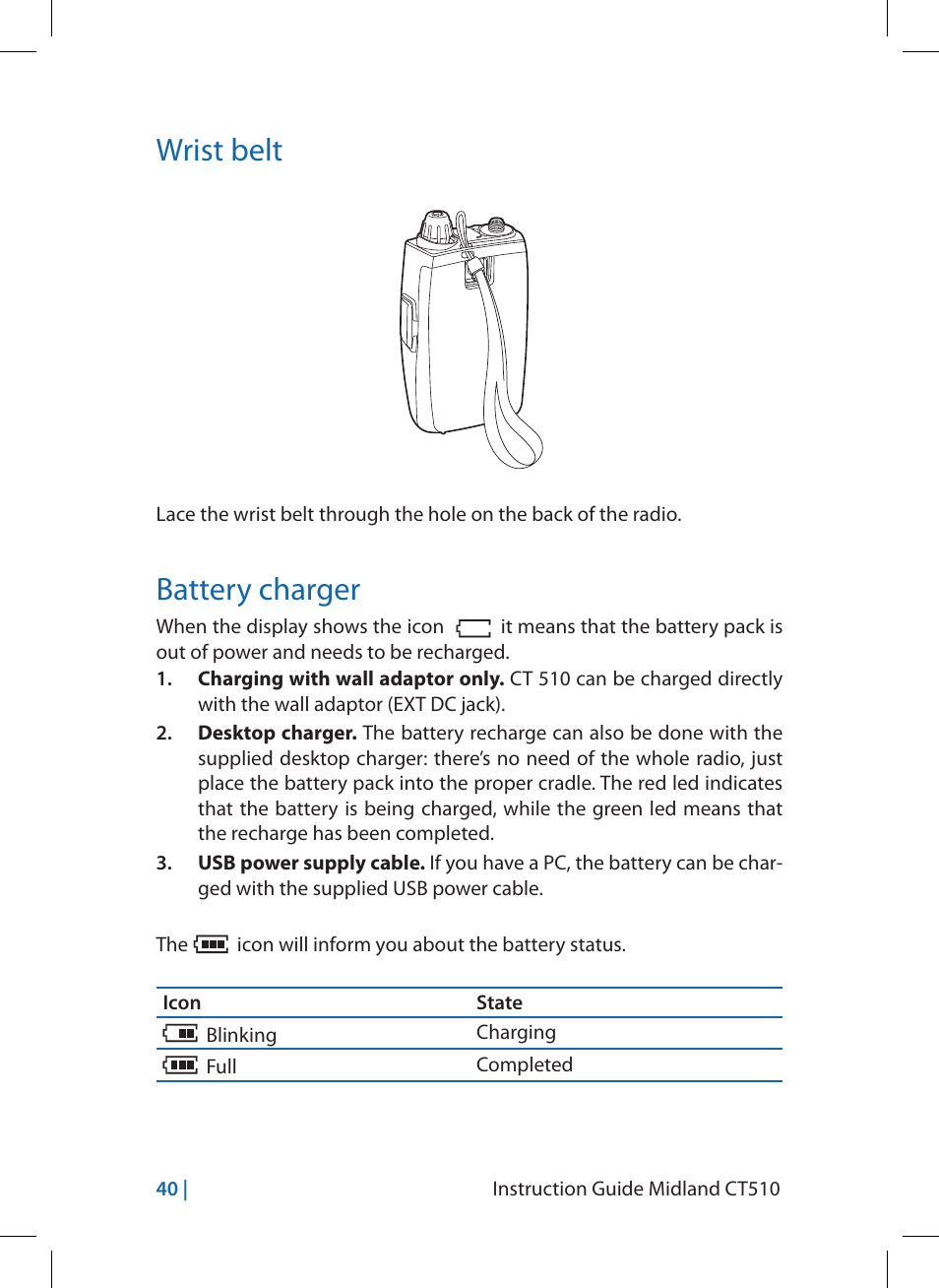 Wrist belt, Battery charger | MIDLAND CT510 User Manual | Page 40 / 142