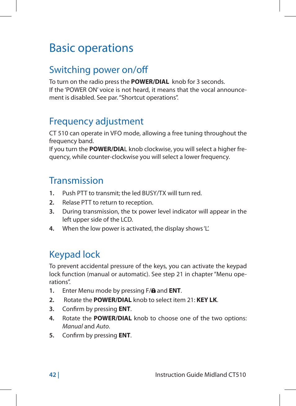 Basic operations, Switching power on/off, Frequency adjustment | Transmission, Keypad lock | MIDLAND CT510 User Manual | Page 42 / 142