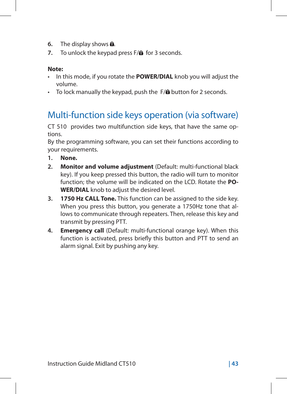 Multi-function side keys operation (via software) | MIDLAND CT510 User Manual | Page 43 / 142