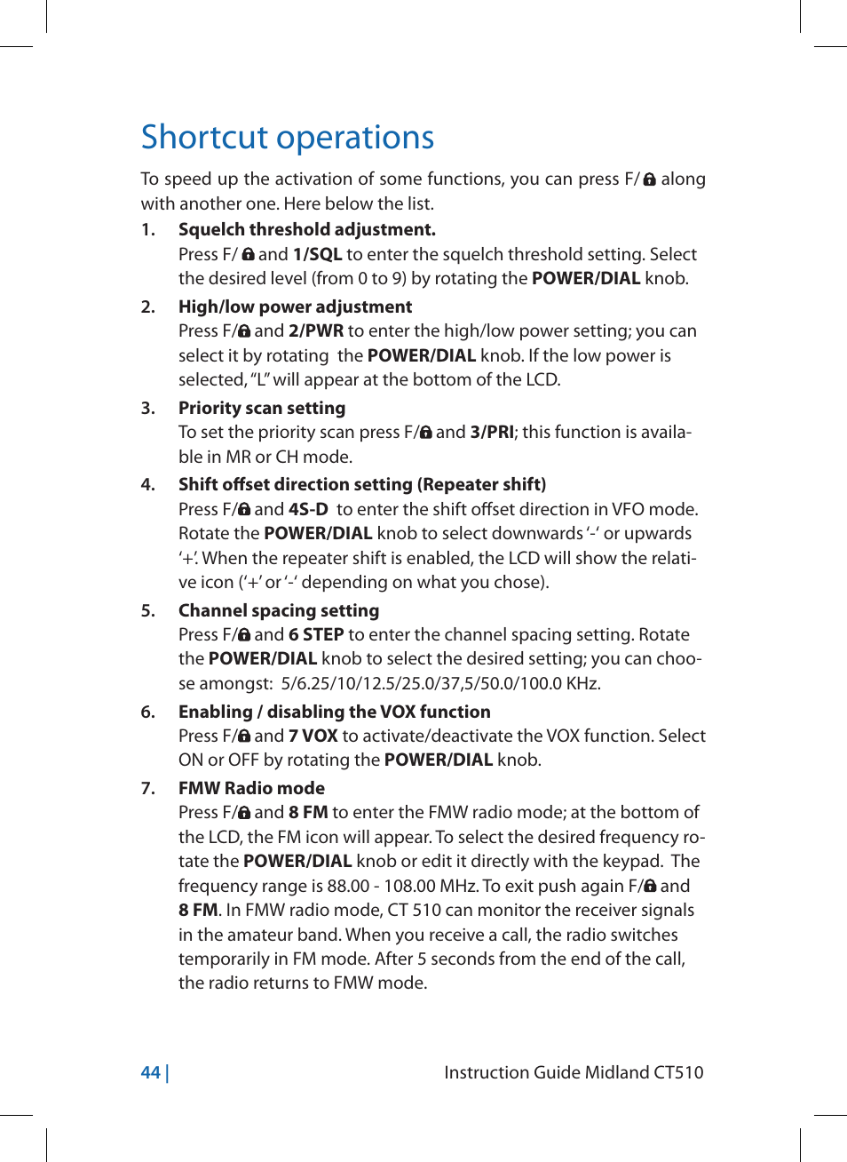 Shortcut operations | MIDLAND CT510 User Manual | Page 44 / 142