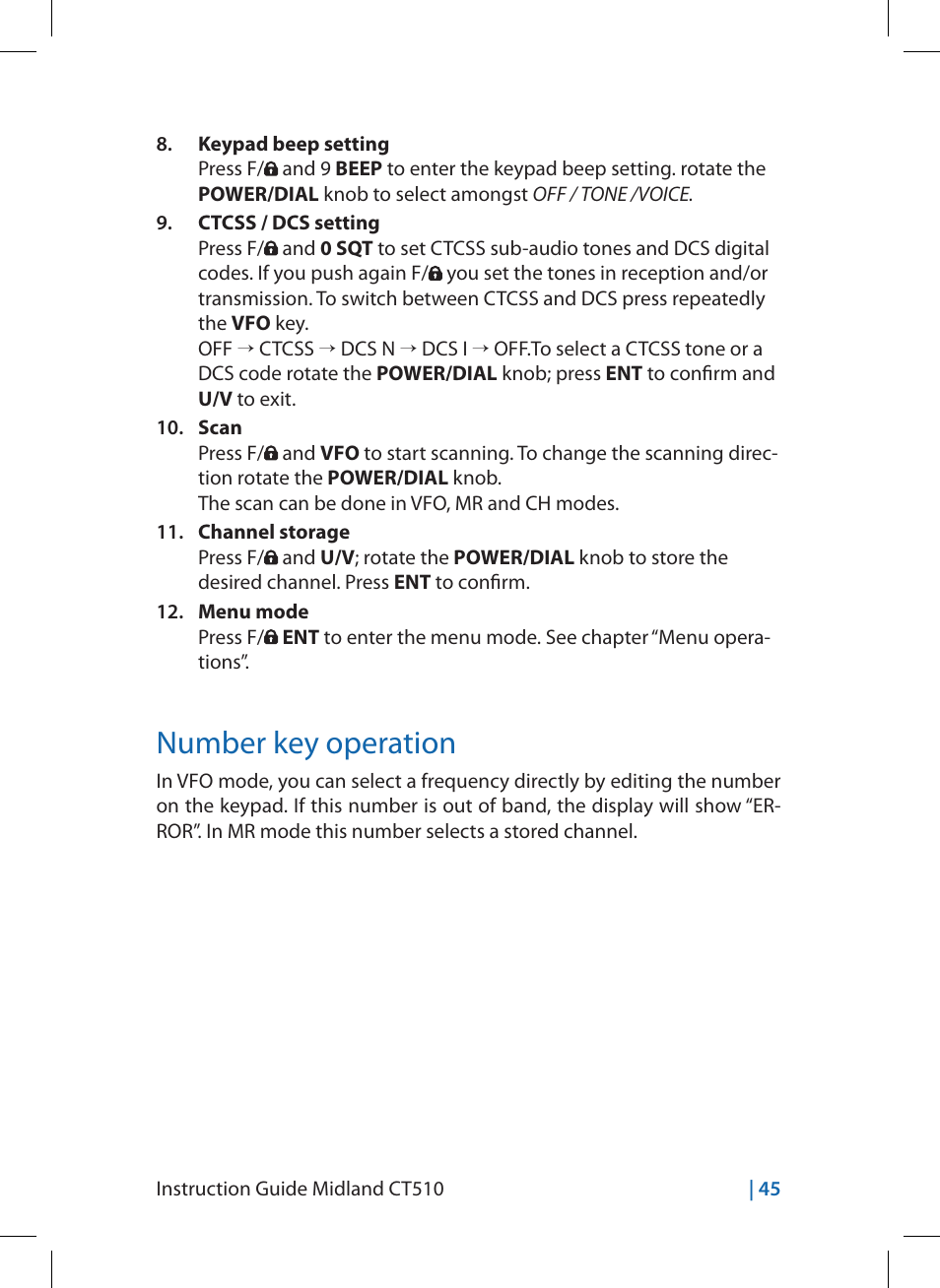 Number key operation | MIDLAND CT510 User Manual | Page 45 / 142