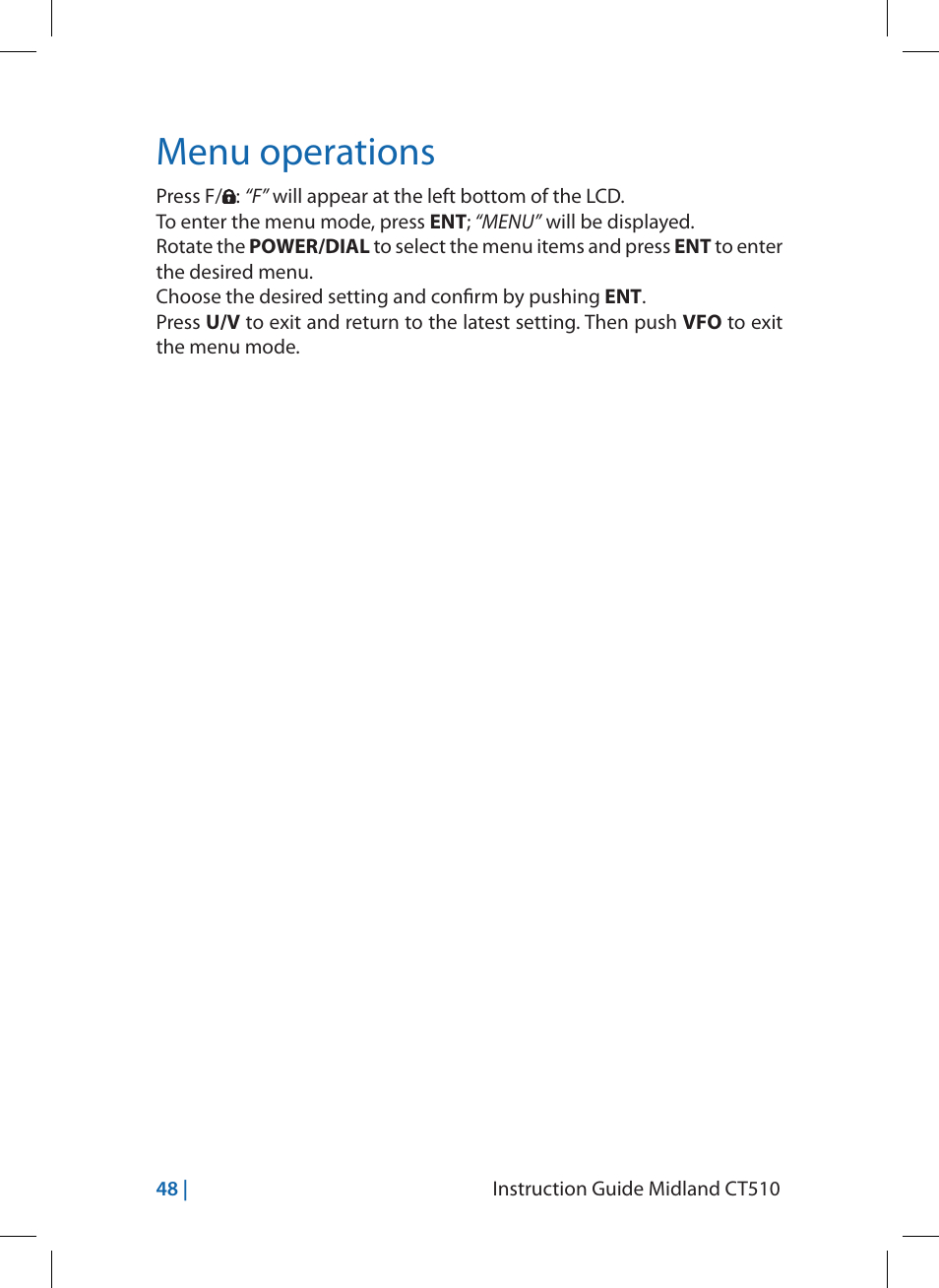 Menu operations | MIDLAND CT510 User Manual | Page 48 / 142