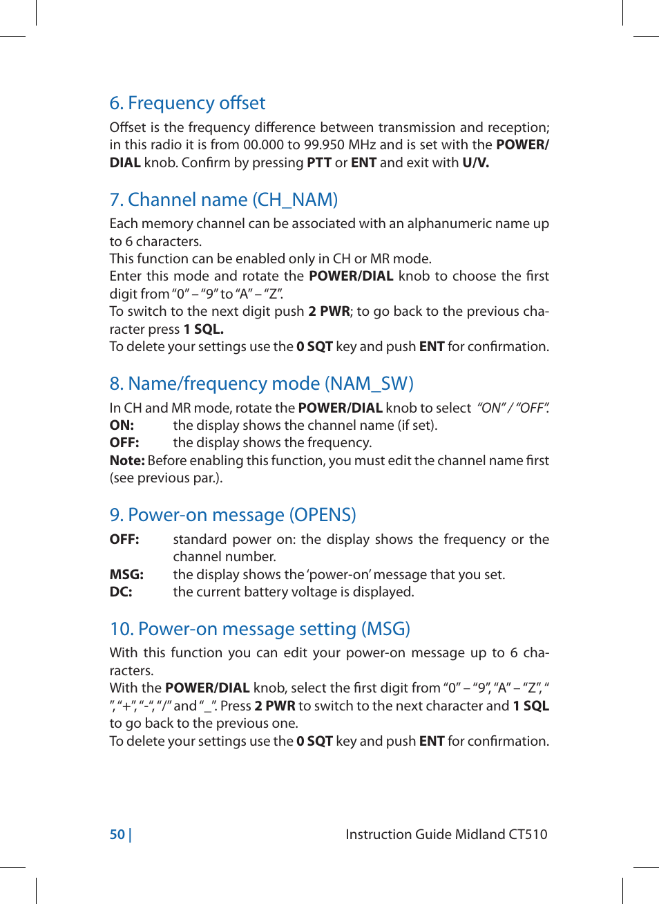 Frequency offset, Channel name (ch_nam), Name/frequency mode (nam_sw) | Power-on message (opens), Power-on message setting (msg) | MIDLAND CT510 User Manual | Page 50 / 142