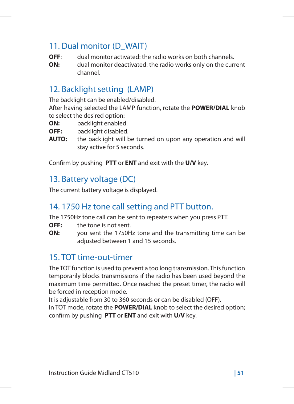 Dual monitor (d_wait), Backlight setting (lamp), Battery voltage (dc) | 1750 hz tone call setting and ptt button, Tot time-out-timer | MIDLAND CT510 User Manual | Page 51 / 142