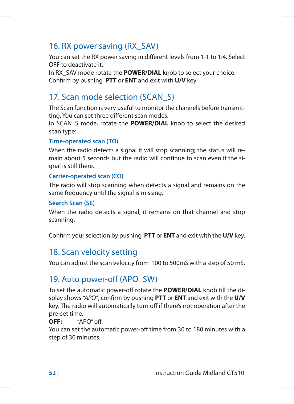 Rx power saving (rx_sav), Scan mode selection (scan_s), Scan velocity setting | Auto power-off (apo_sw) | MIDLAND CT510 User Manual | Page 52 / 142