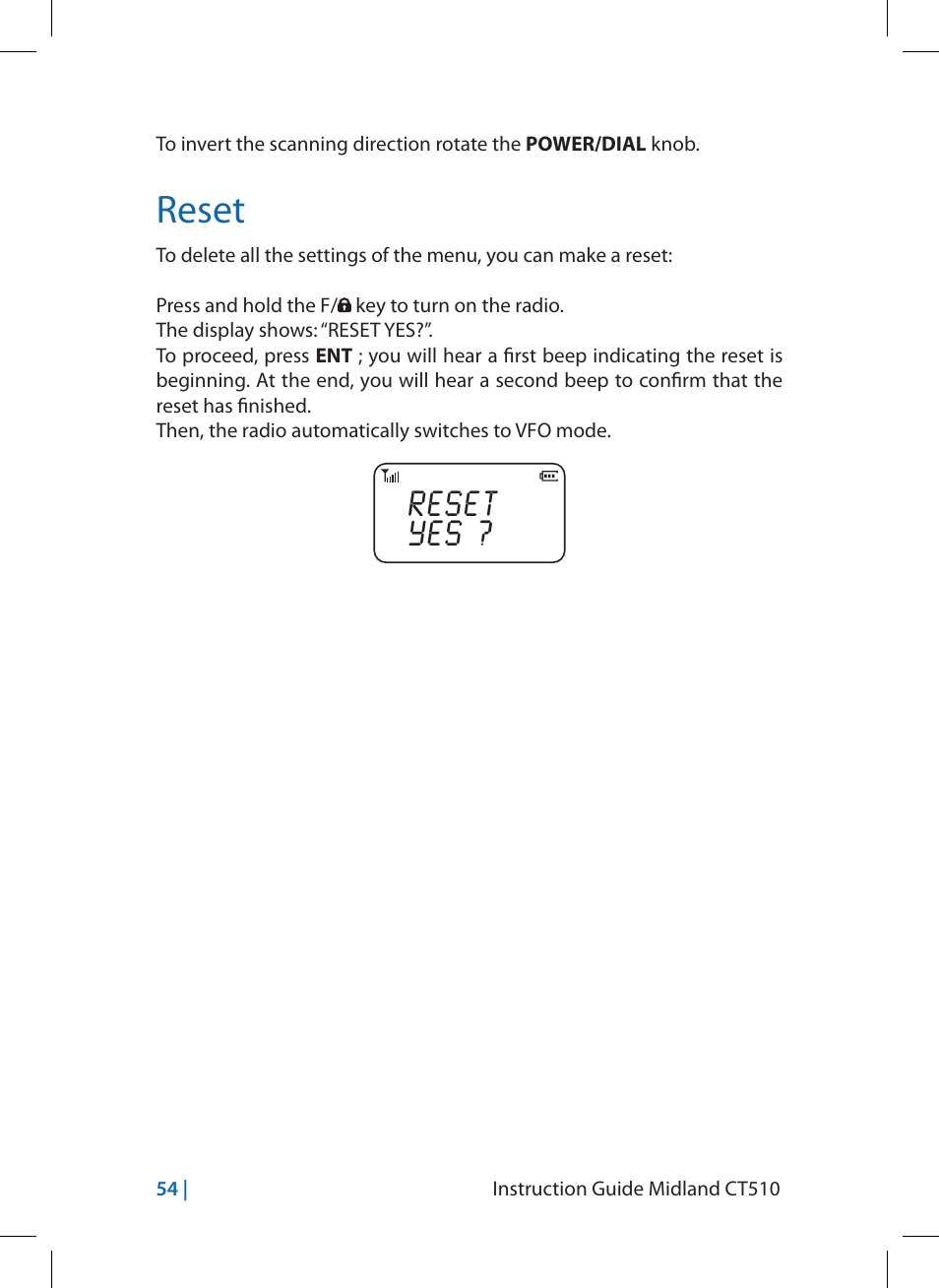 Reset | MIDLAND CT510 User Manual | Page 54 / 142