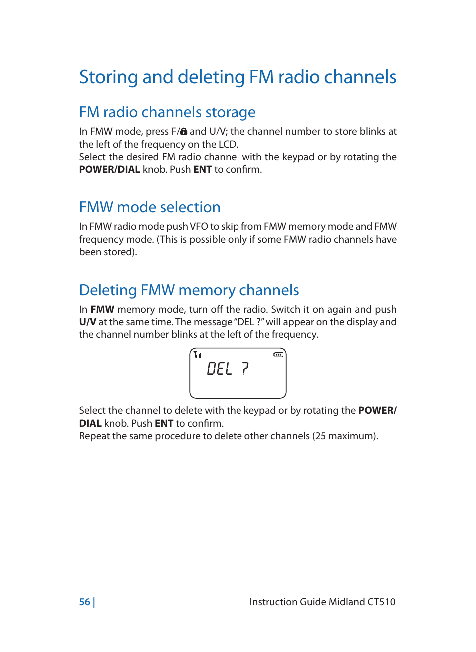 Storing and deleting fm radio channels, Fm radio channels storage, Fmw mode selection | MIDLAND CT510 User Manual | Page 56 / 142