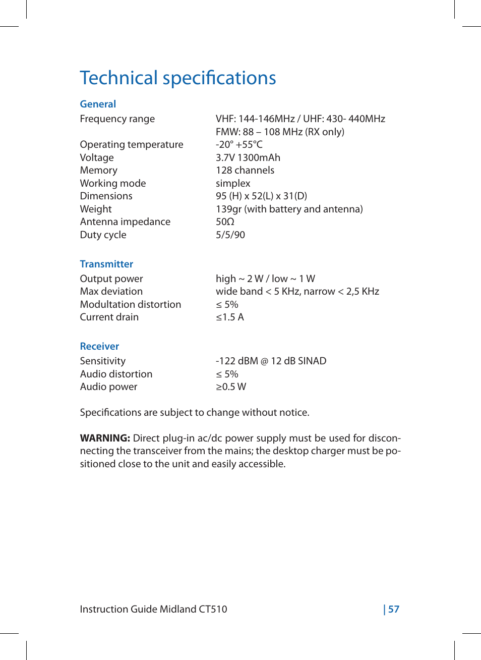 Technical specifications | MIDLAND CT510 User Manual | Page 57 / 142