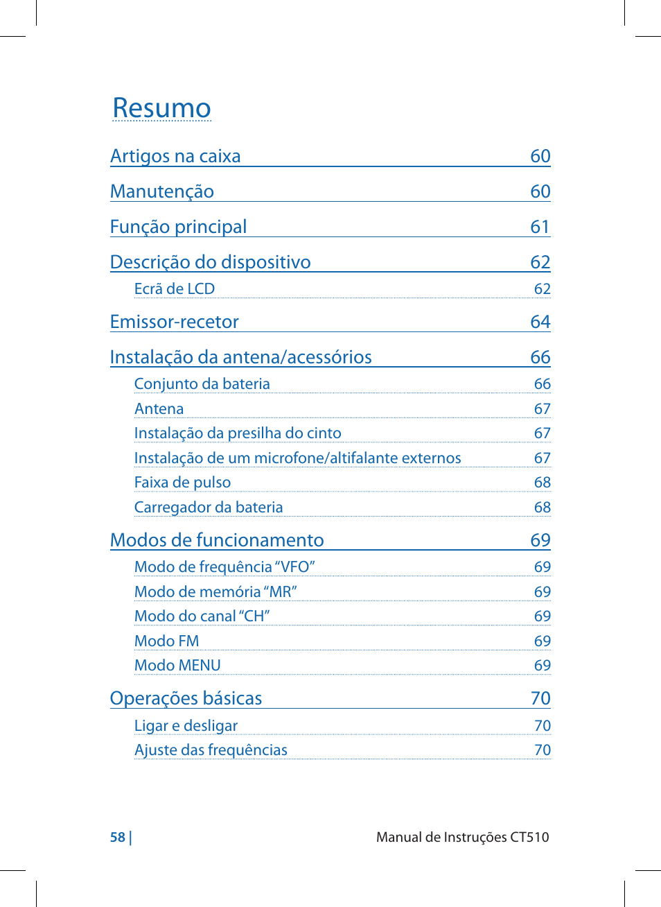 Resumo | MIDLAND CT510 User Manual | Page 58 / 142