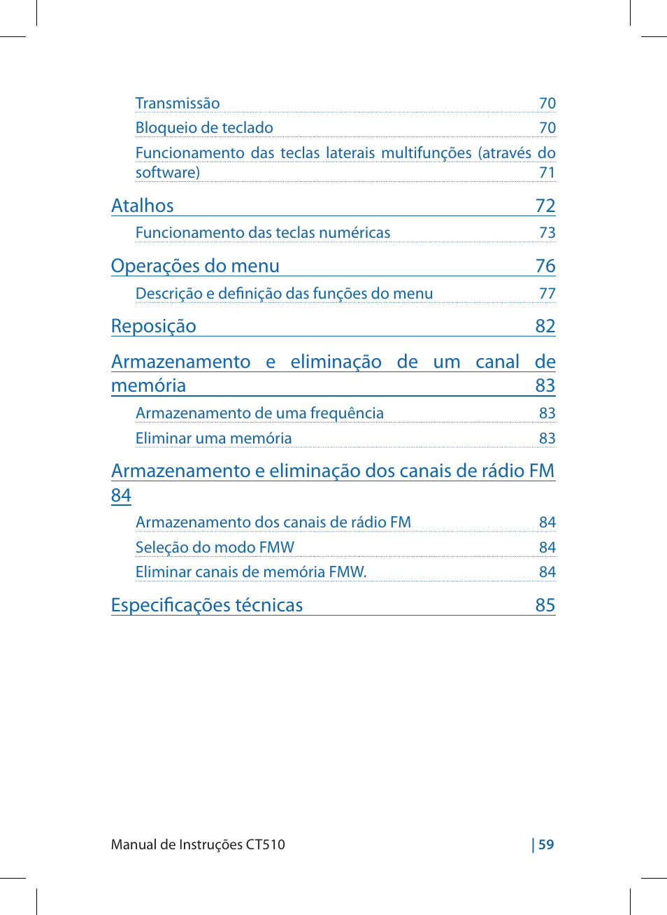 Atalhos 72, Operações do menu 76, Especificações técnicas 85 | MIDLAND CT510 User Manual | Page 59 / 142