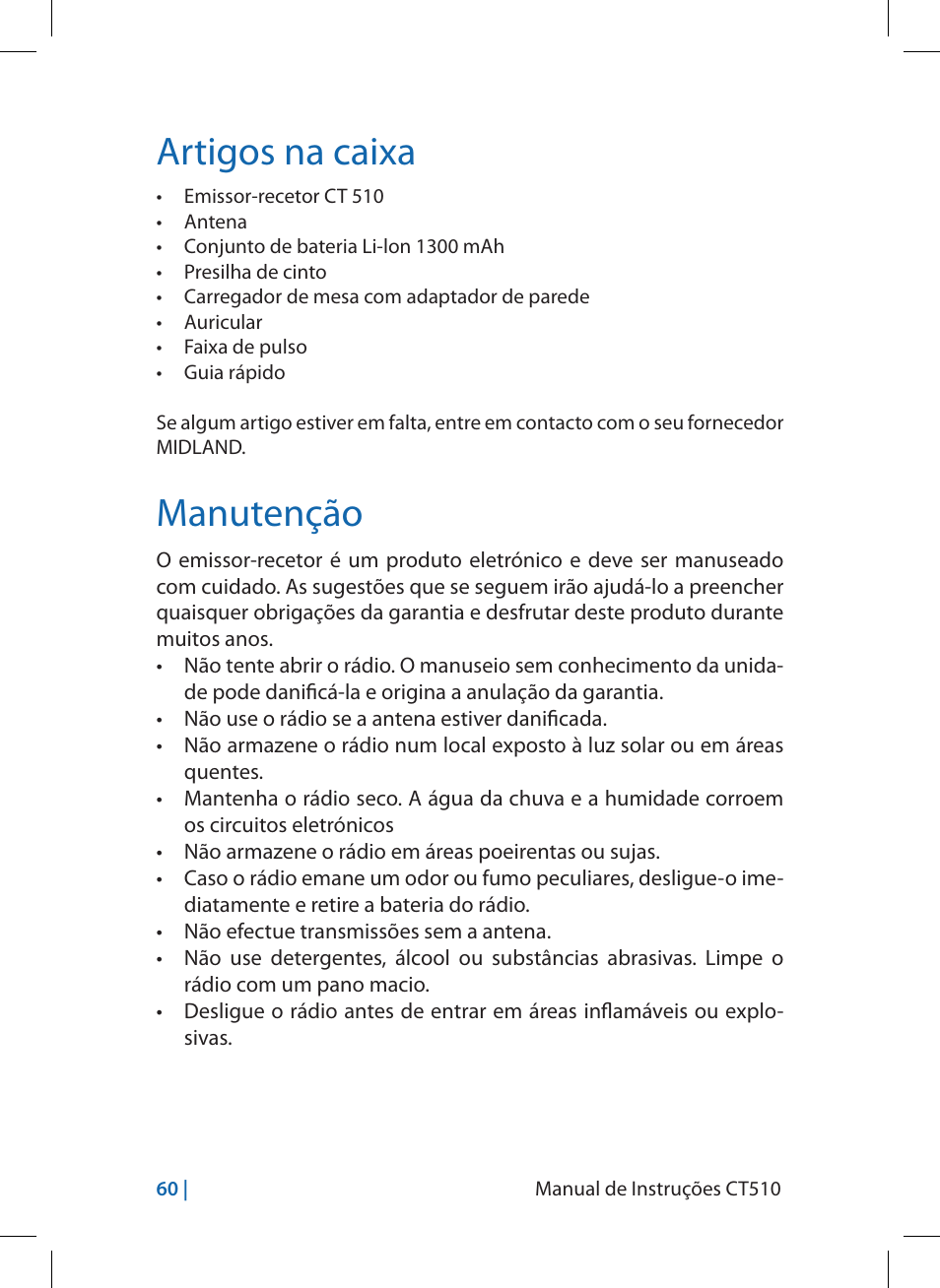Artigos na caixa, Manutenção | MIDLAND CT510 User Manual | Page 60 / 142