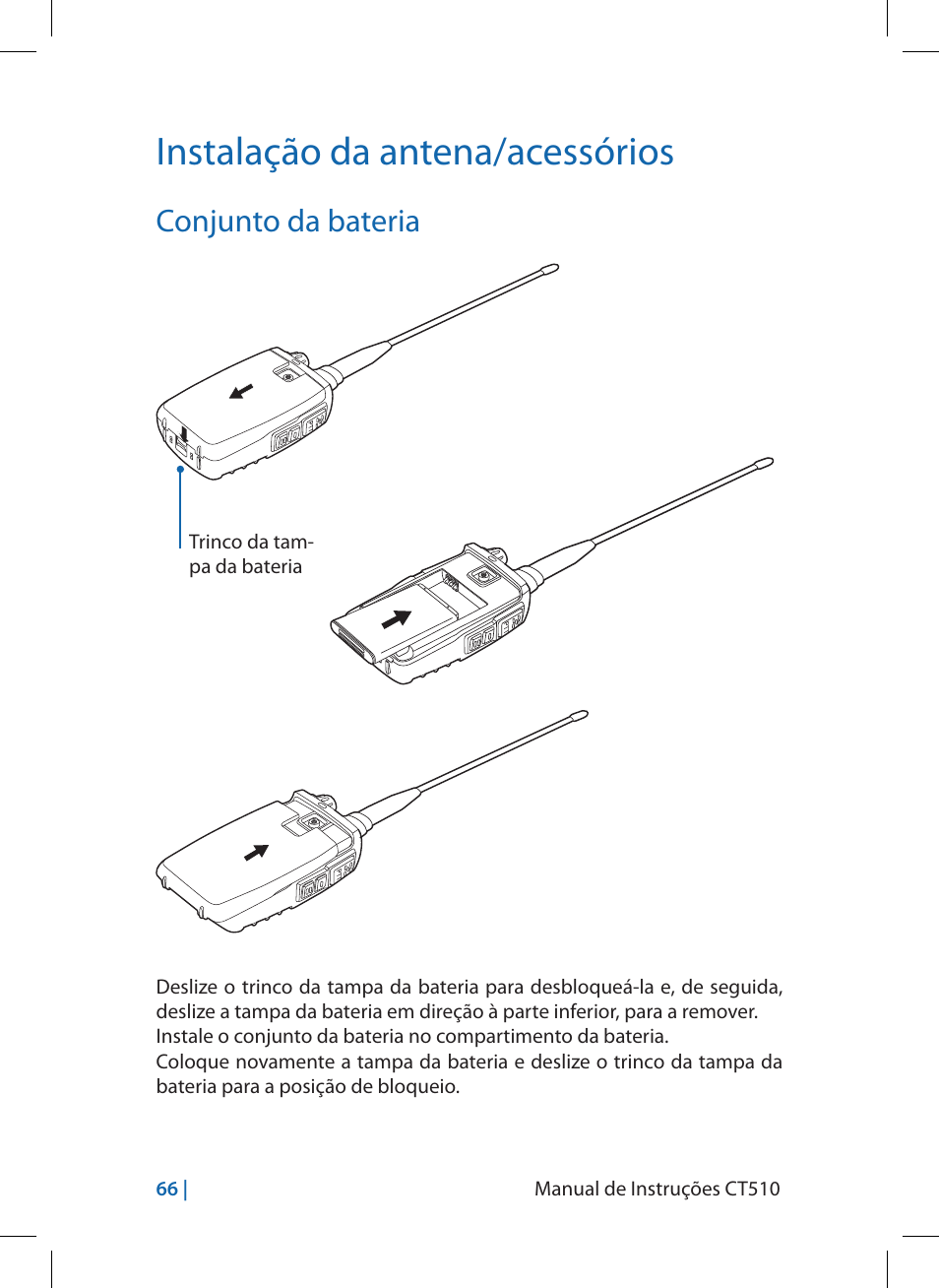 Instalação da antena/acessórios, Conjunto da bateria | MIDLAND CT510 User Manual | Page 66 / 142