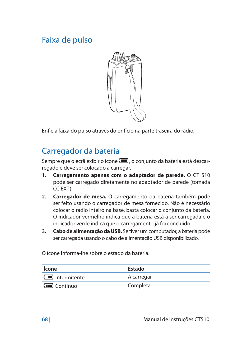 Faixa de pulso, Carregador da bateria | MIDLAND CT510 User Manual | Page 68 / 142