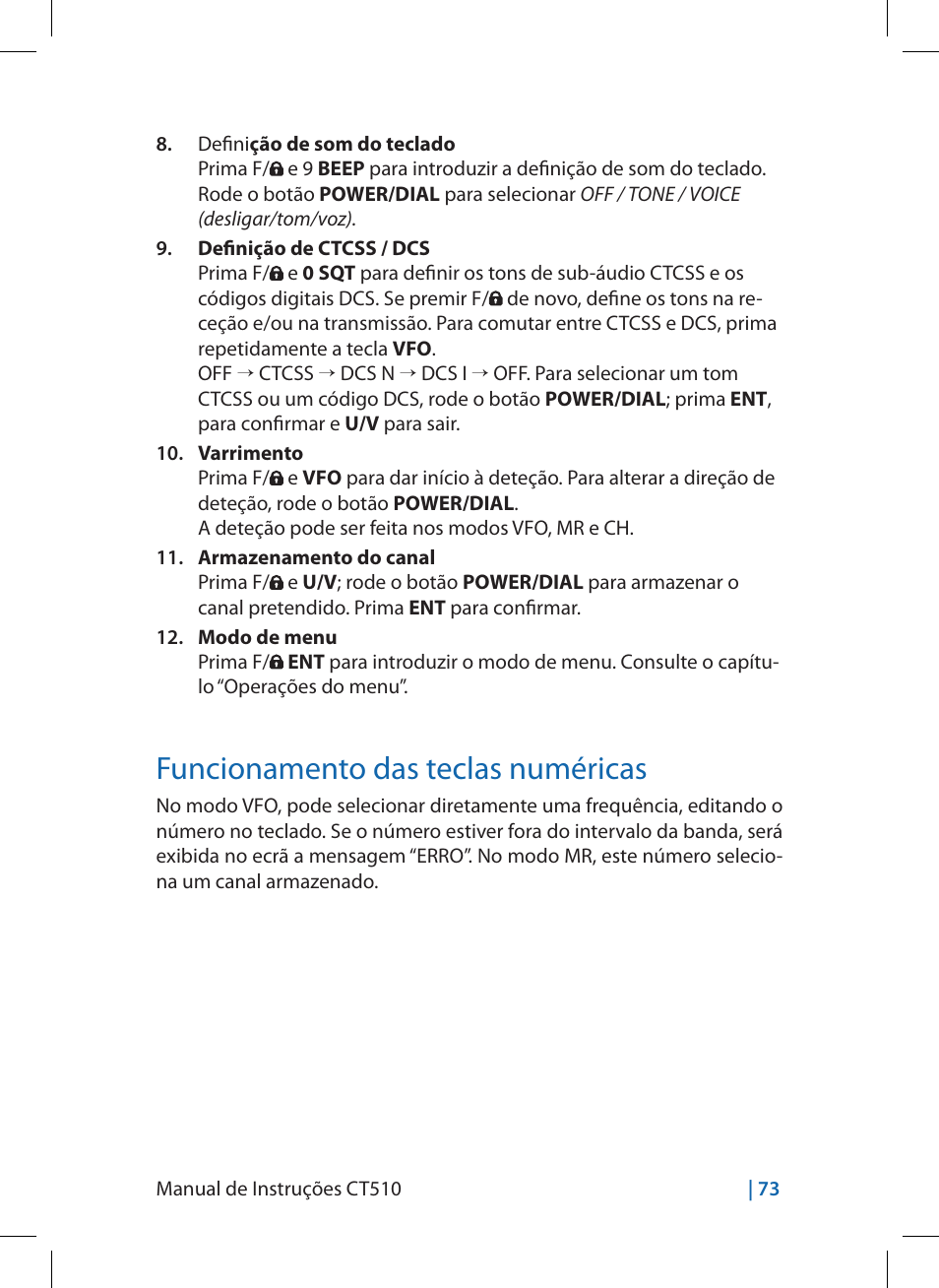 Funcionamento das teclas numéricas | MIDLAND CT510 User Manual | Page 73 / 142