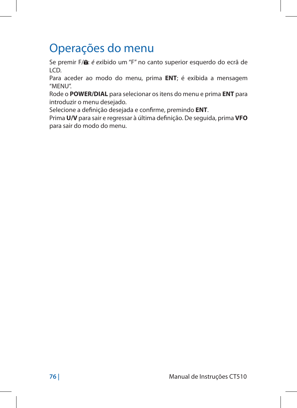 Operações do menu | MIDLAND CT510 User Manual | Page 76 / 142
