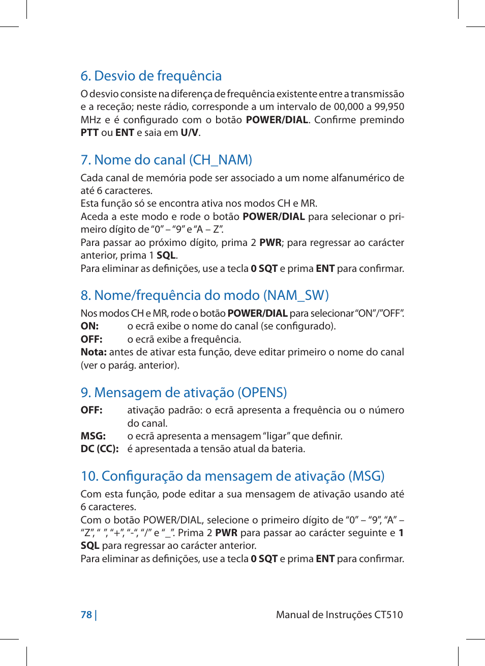 Desvio de frequência, Nome do canal (ch_nam), Nome/frequência do modo (nam_sw) | Mensagem de ativação (opens), Configuração da mensagem de ativação (msg) | MIDLAND CT510 User Manual | Page 78 / 142