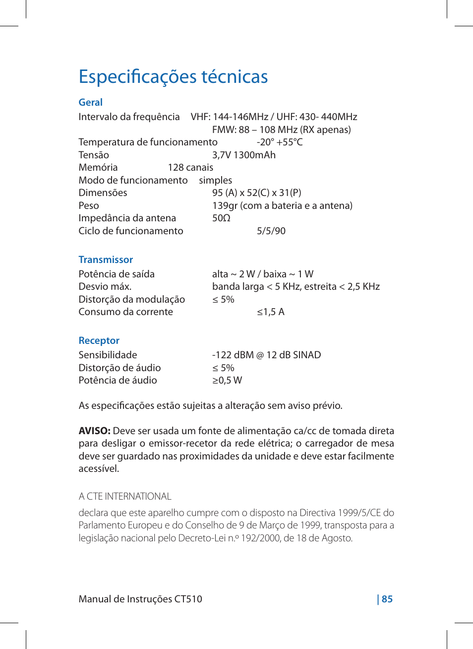 Especificações técnicas | MIDLAND CT510 User Manual | Page 85 / 142