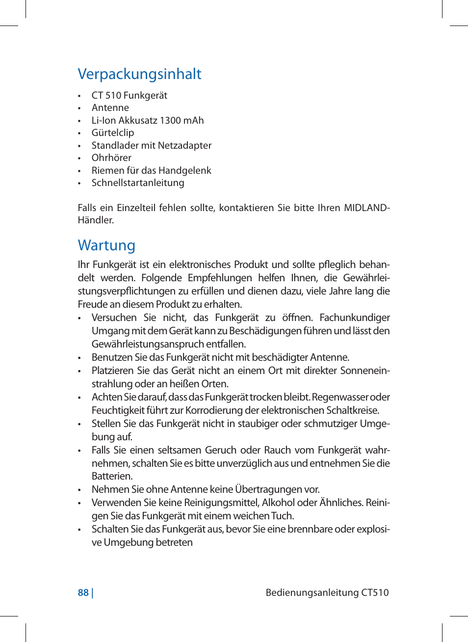 Verpackungsinhalt, Wartung | MIDLAND CT510 User Manual | Page 88 / 142