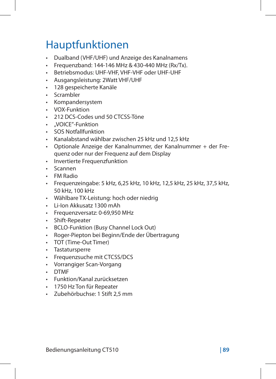 Hauptfunktionen | MIDLAND CT510 User Manual | Page 89 / 142