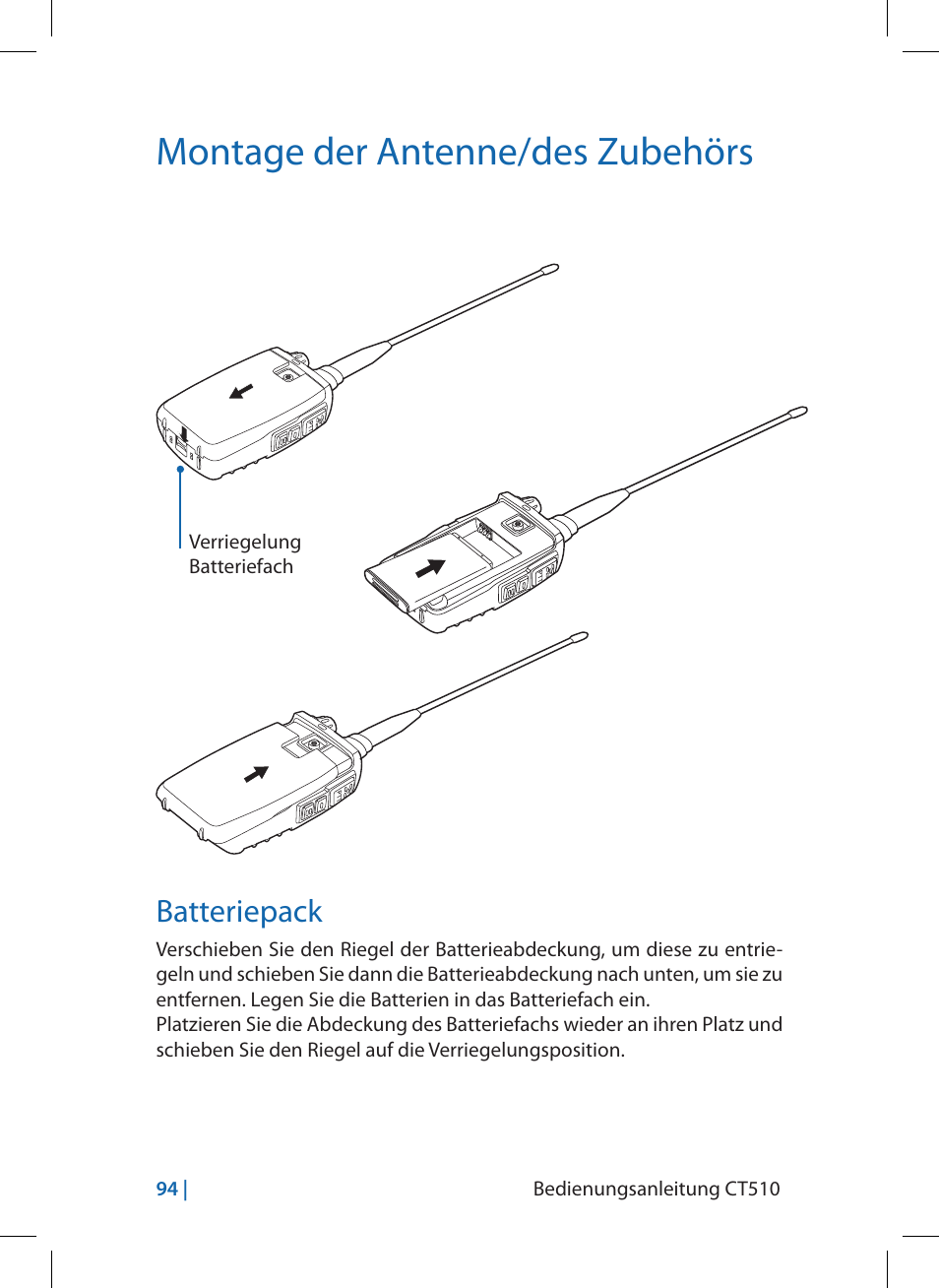 Montage der antenne/des zubehörs, Batteriepack | MIDLAND CT510 User Manual | Page 94 / 142