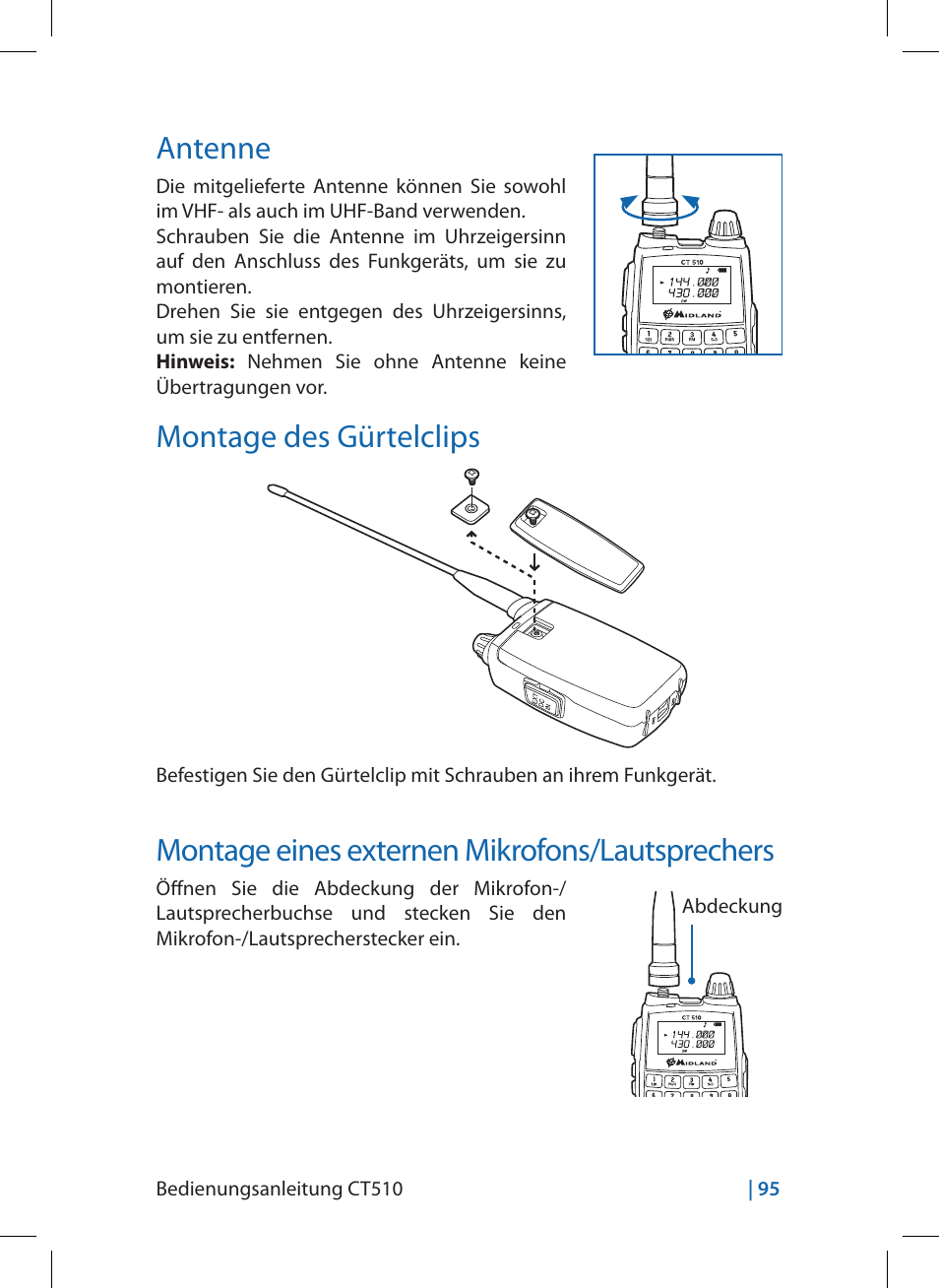 Antenne, Montage des gürtelclips, Montage eines externen mikrofons/lautsprechers | MIDLAND CT510 User Manual | Page 95 / 142