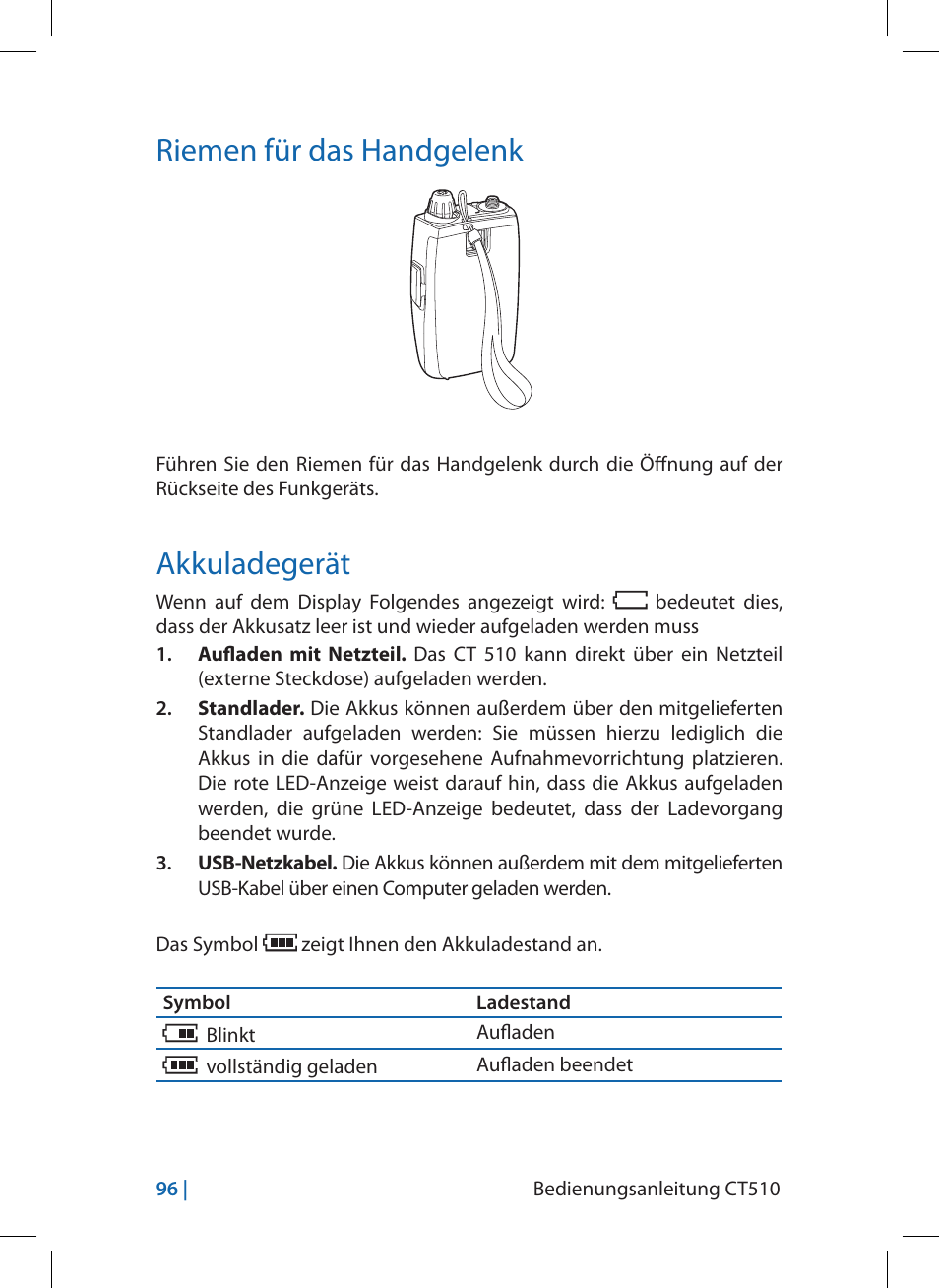 Riemen für das handgelenk, Akkuladegerät | MIDLAND CT510 User Manual | Page 96 / 142