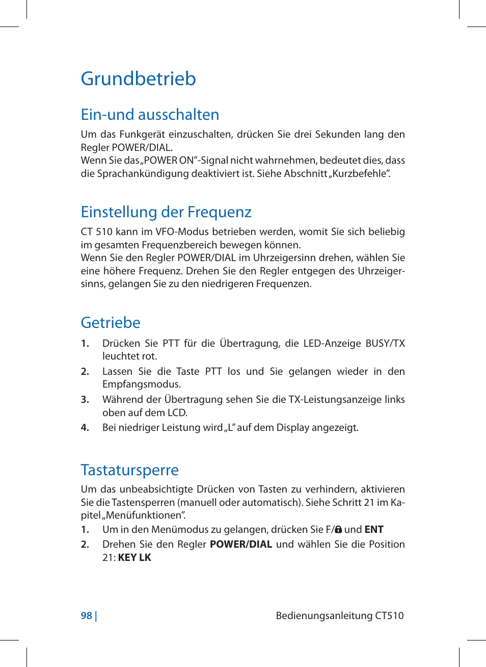 Grundbetrieb, Ein-und ausschalten, Einstellung der frequenz | Getriebe, Tastatursperre | MIDLAND CT510 User Manual | Page 98 / 142