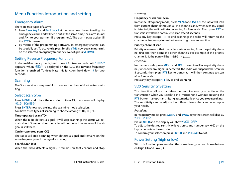 Menu function introduction and setting, Emergency alarm, Setting reverse frequency function | Scanning, Select scan type, Vox sensitivity setting, Power setting (high or low), Scanning 18 select scan type | MIDLAND CT710 User Manual | Page 10 / 80